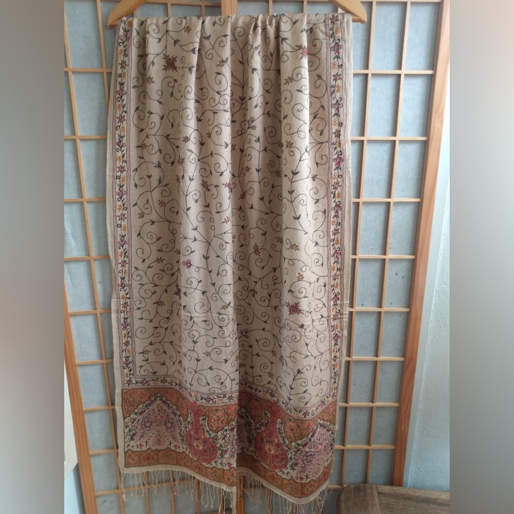 Large Embroidered Wool Fringe Rectangular Scarf S… - image 2